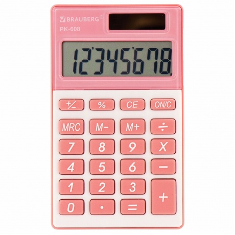 Калькулятор карманный Brauberg PK-608-PK (107x64 мм), 8 разрядов, двойное питание, РОЗОВЫЙ, 250523 - фото 2