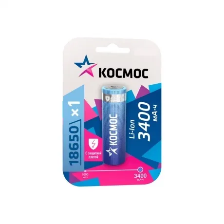 Аккумулятор Космос 18650 Li-ion3400 mAh с защитой, 1 шт блистер