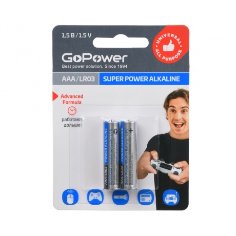 Батарейка GoPower LR03 AAA BL2 Alkaline 1.5V (2/24/480) блистер ...