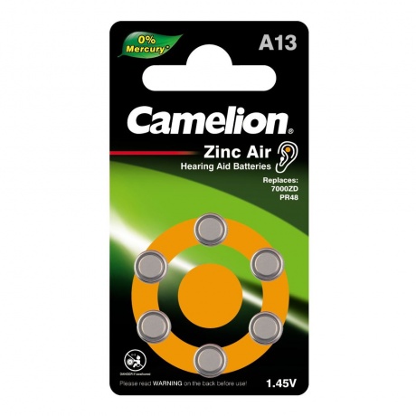 Батарейка Camelion  ZA13 BL-6 Mercury Free (A13-BP6(0%Hg), для слуховых аппаратов, 1.4 V,280mAh)  (6 шт. в уп-ке) - фото 1
