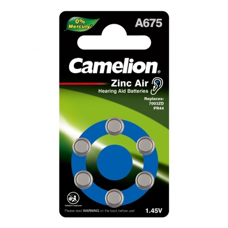 Батарейка Camelion  ZA675 BL-6 Mercury Free (A675-BP6(0%Hg), для слуховых аппаратов, 1.4 V,620mAh) (6 шт. в уп-ке) - фото 1