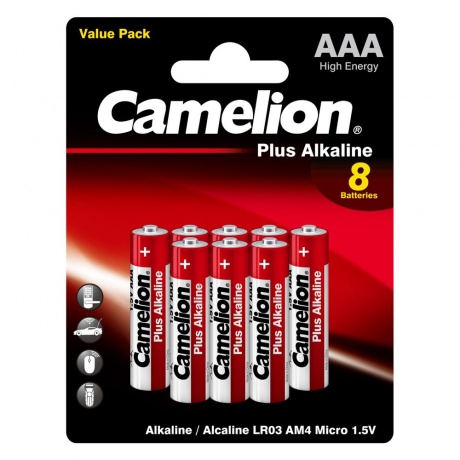 Батарейка Camelion Plus Alkaline BL8  LR03 (LR03-BP5+3, 1.5В)(8шт. в уп-ке) - фото 1