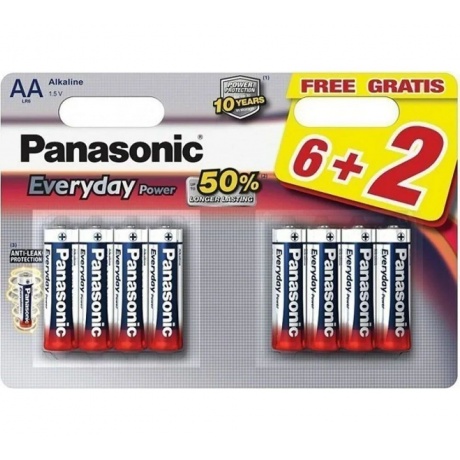 Батарейки Panasonic LR6REE/8B AA щелочные Everyday Power multi pack в блистере 8шт - фото 1
