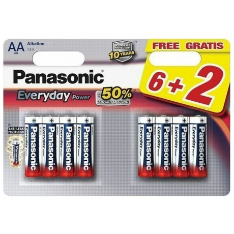 Батарейки Panasonic LR6REE/8B2F AA щелочные Everyday Power promo pack в блистере 8шт - фото 1