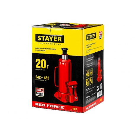Домкрат бутылочный гидравлический STAYER RED FORCE, 20т, 242-452 мм (43160-20) - фото 7