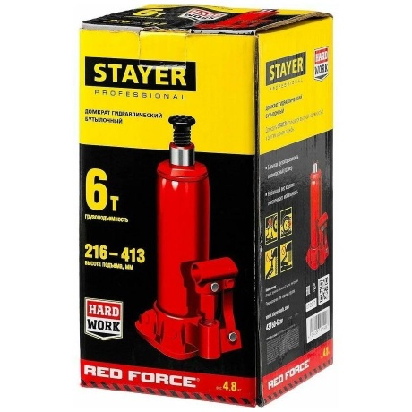 Домкрат бутылочный гидравлический STAYER RED FORCE, 6т, 216-413 мм (43160-6) - фото 6