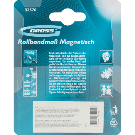 Рулетка "Ergonomisch", 3 м x 16 мм, магнитный обрезиненный зацеп Gross (31101)