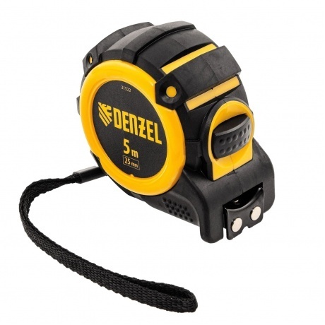 

Рулетка 5м х 25мм, автоматич. фиксац., нейлон. покрытие, магнит. зацеп, двухстор. разметка Denzel
