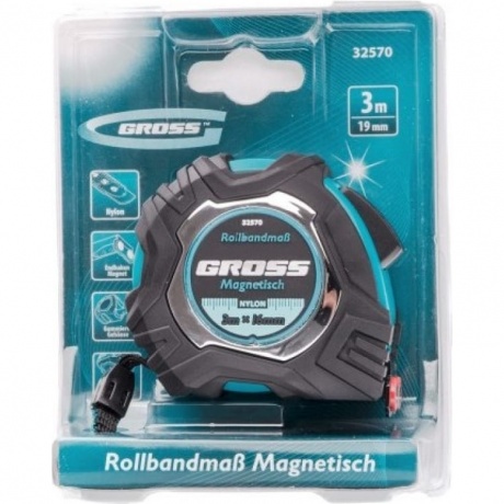 Рулетка Magnetisch, 3м х 16мм,обрезин. корпус,автоматич. фиксация, нейлон. покр.,магн. зацеп Gross - фото 4