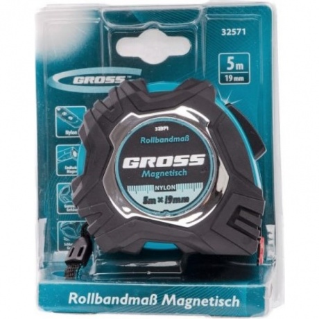 Рулетка Magnetisch, 5м х 19мм, обрезин. корпус,автоматич. фиксация, нейлон. покр.,магн.зацеп Gross - фото 4