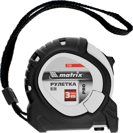 Рулетка Neon, 3 м x 16 мм, обрезиненный корпус, 3 фиксации, PRO Matrix (32590)