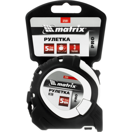 Рулетка Neon, 5 м x 19 мм, обрезиненный корпус, 3 фиксации, PRO Matrix (32591)