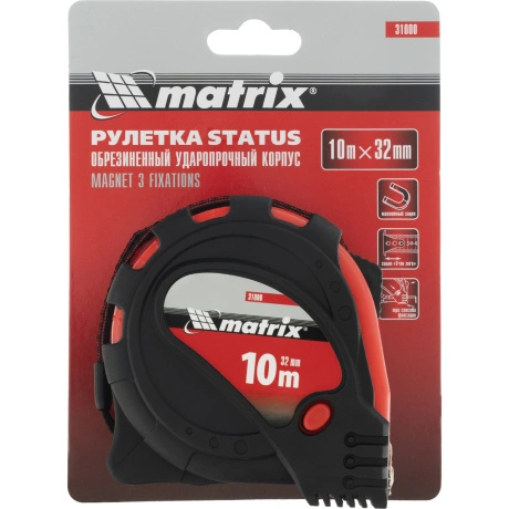 Рулетка Status magnet 3 fixations, 10 м х 32 мм, обрезиненный ко...