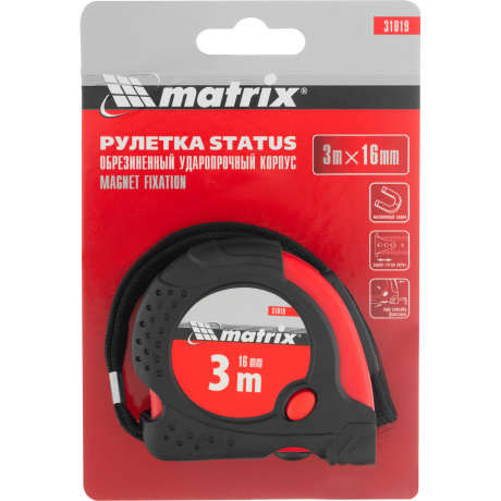 Рулетка Status magnet fixation, 3 м х 16 мм, обрезиненный корпус, зацеп с магнитом Matrix (31019) - фото 1