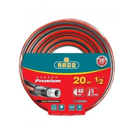 

Шланг поливочный RACO PREMIUM, 1/2, 20 м, 40 атм, пятислойный, усиленный двумя слоями армирования (40300-1/2-20)