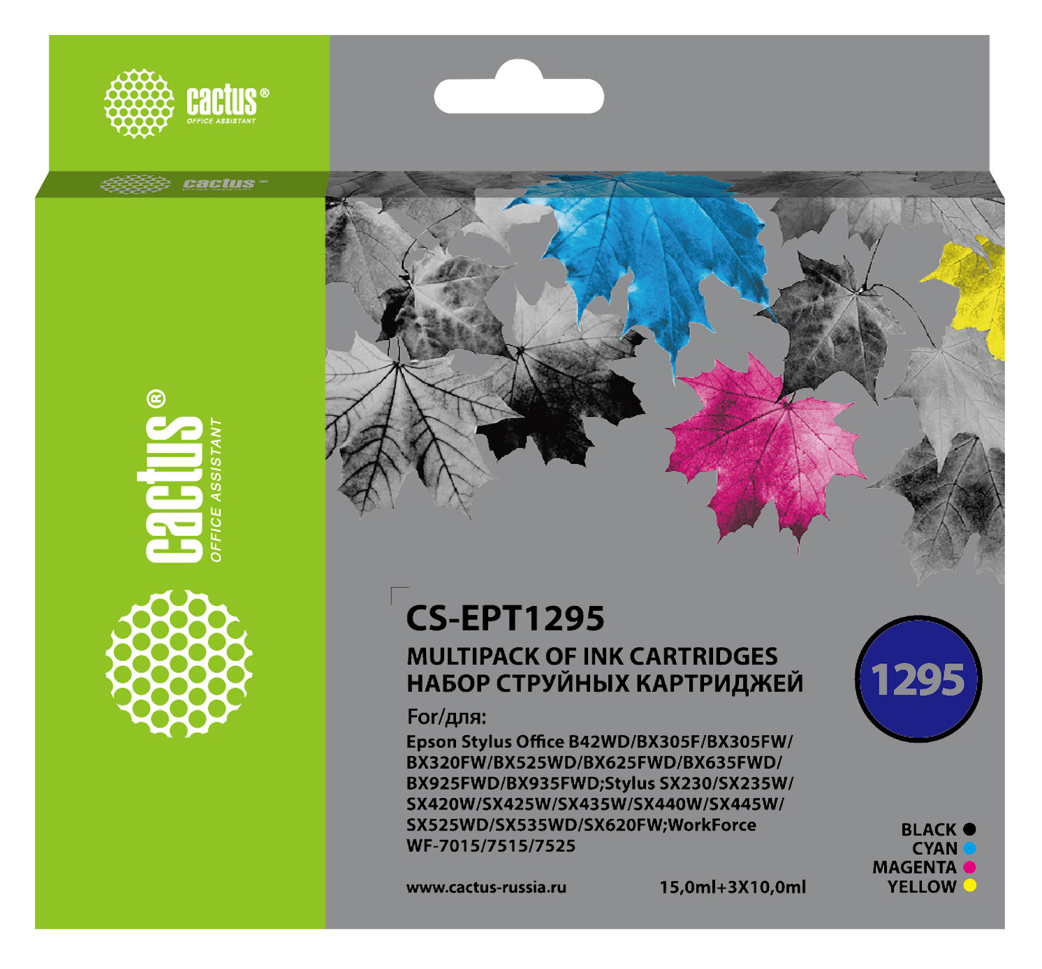 Фото - Картридж струйный Cactus CS-EPT1295 черный/голубой/желтый/пурпурный набор (45мл) для Epson Stylus Office B42/BX305/BX305F/BX320/BX525/BX625/SX420/SX425/SX525/SX620 картридж epson t1302 голубой экстраповышенной емкости для sx525 sx620 bx320 bx625