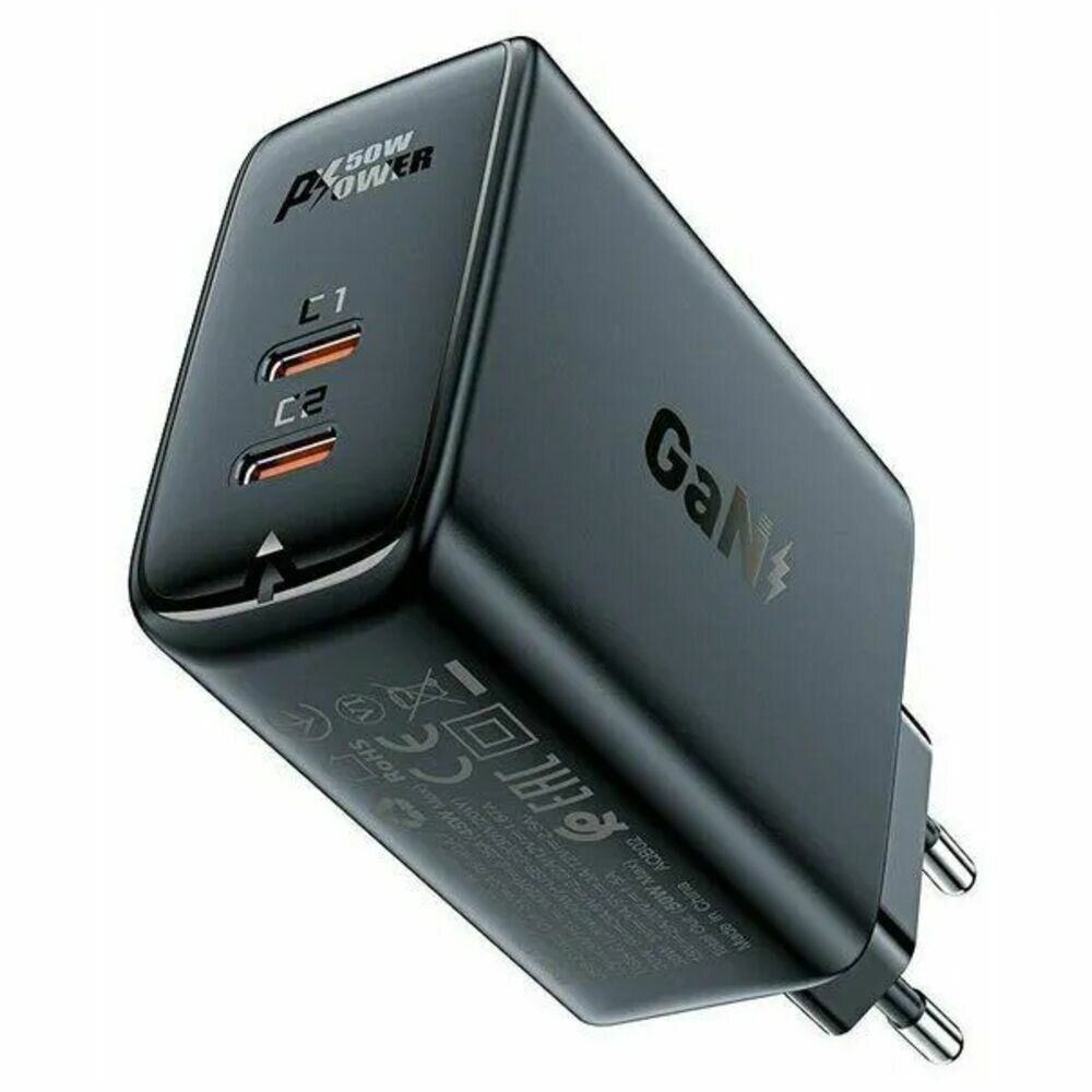зарядное устройство сетевое acefast a49 pd35w gan usb c usb c dual port charger eu цвет черный Зарядное устройство ACEFAST A29 PD50W GaN USB-C+USB-C dual port charger (EU). Цвет: черный