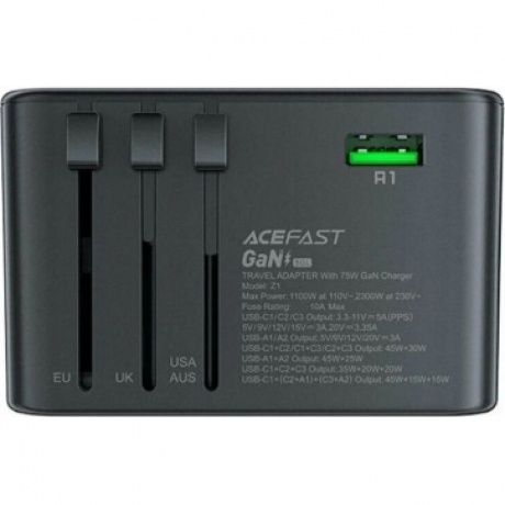 Зарядное устройство ACEFAST Z1 PD75W GaN (3*USB-C+2*USB-A) multifunctional charging adapter. Цвет: черно-серый - фото 5