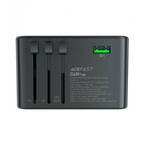 Зарядное устройство ACEFAST Z1 PD75W GaN (3*USB-C+2*USB-A) multifunctional charging adapter. Цвет: черно-серый - фото 5