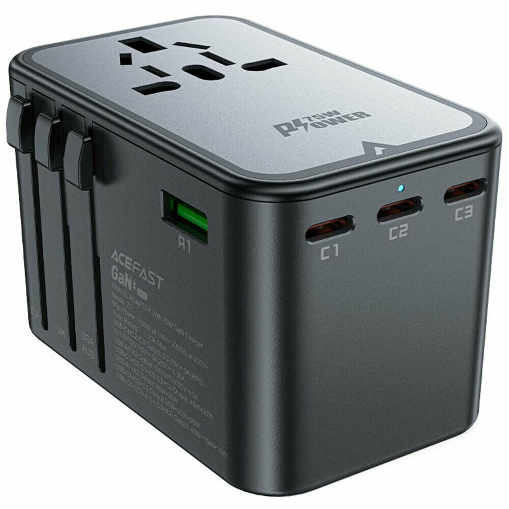 Зарядное устройство ACEFAST Z1 PD75W GaN (3*USB-C+2*USB-A) multifunctional charging adapter. Цвет: черно-серый сетевое зарядное устройство acefast z2 pd75w gan 3 usb c 2 usb a desktop charging adapter eu