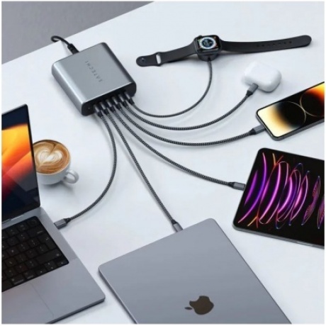 Зарядное устройство Satechi 200W USB-C 6-Port PD GaN Charger EU. Цвет: серый космос - фото 6