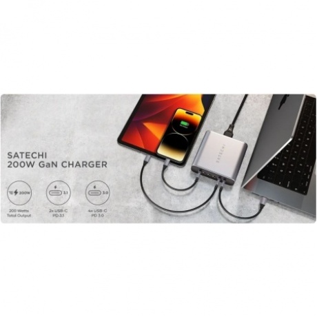 Зарядное устройство Satechi 200W USB-C 6-Port PD GaN Charger EU. Цвет: серый космос - фото 8