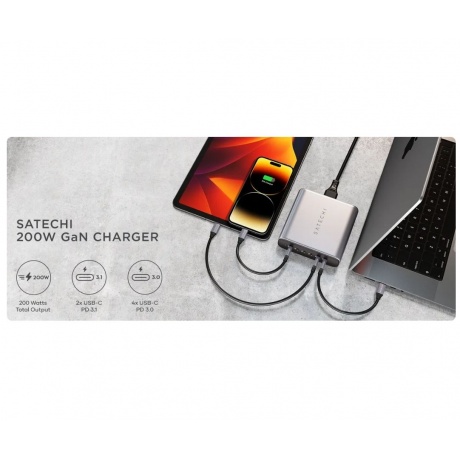 Зарядное устройство Satechi 200W USB-C 6-Port PD GaN Charger EU. Цвет: серый космос - фото 8
