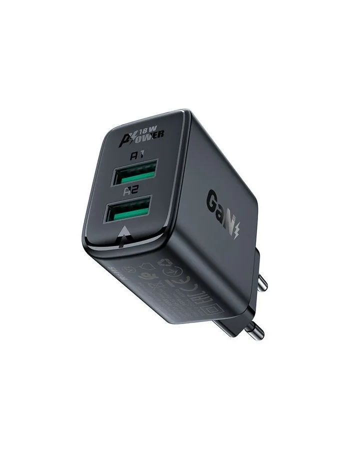 Зарядное устройство двухпортовое ACEFAST A33 QC18W USB-A+USB-A dual port charger (EU). Цвет: черный AF-A33-BK - фото 1