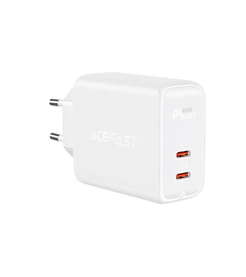 Зарядное устройство двухпортовое ACEFAST A9 PD40W USB-C+USB-C dual port charger (EU). Цвет: белый зарядное устройство двухпортовое acefast a9 pd40w usb c usb c dual port charger eu цвет черный