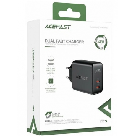 Зарядное устройство двухпортовое ACEFAST A9 PD40W USB-C+USB-C dual port charger EU. Цвет: черный - фото 5