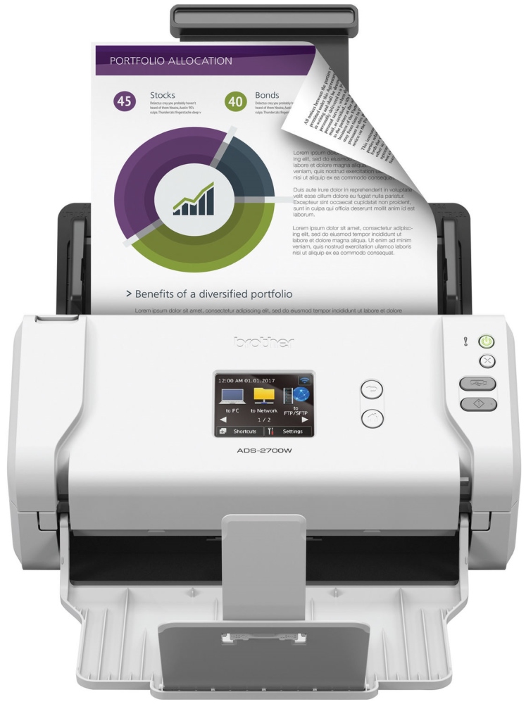 Документ-сканер Brother ADS-2700W, A4, 35 стр/мин, 512 Мб, цветной, Duplex, ADF50, сенс.экран, USB 2.0, LAN, WiFi, OCR - фото 1
