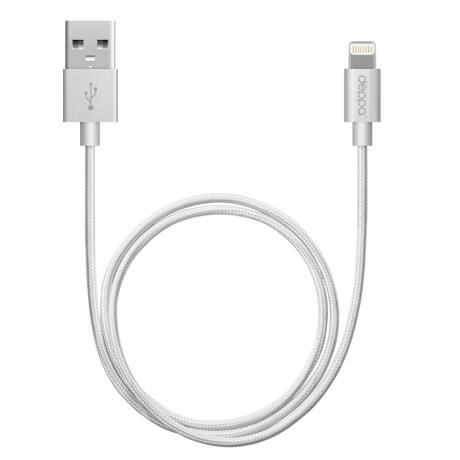 Дата-кабель USB - 8-pin для Apple, алюминий/нейлон, MFI, 1.2м, серебро, Deppa - фото 1