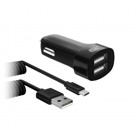 Автомобильное зарядное устройство BoraSCO 2 USB, 2,1A + витой дата-кабель Type-C, 2А, 2м, черный - фото 2
