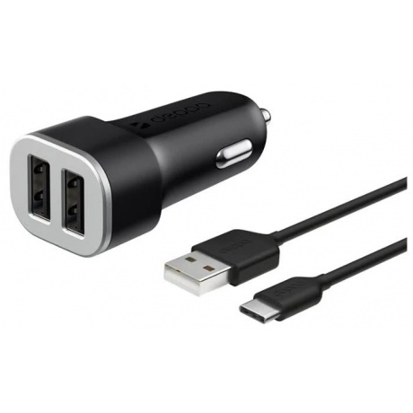 Автомобильное зарядное устройство Deppa 2 USB 2.4А + кабель USB Type-C черный - фото 1