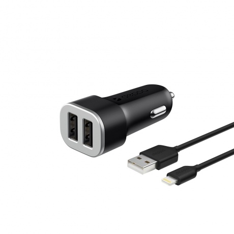 Автомобильное зарядное устройство Deppa 2 USB 2.4А + кабель Lightning, MFI черный - фото 1