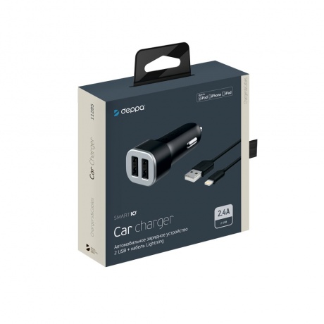 Автомобильное зарядное устройство Deppa 2 USB 2.4А + кабель Lightning, MFI черный - фото 2