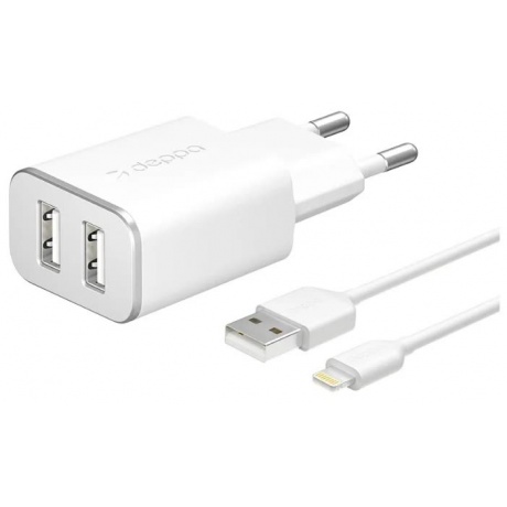 Сетевое зарядное устройство Deppa 2 USB 2.4А + кабель Lightning MFI белый - фото 1