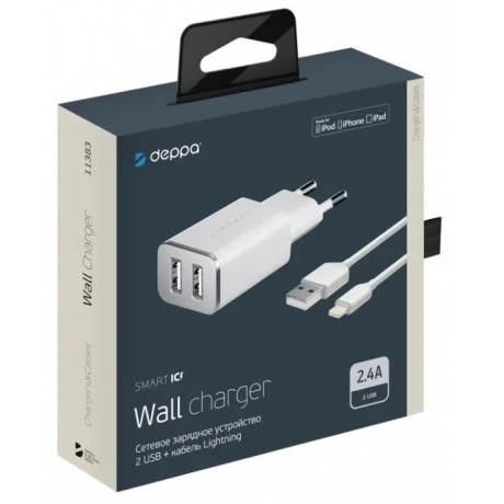 Сетевое зарядное устройство Deppa 2 USB 2.4А + кабель Lightning MFI белый - фото 2