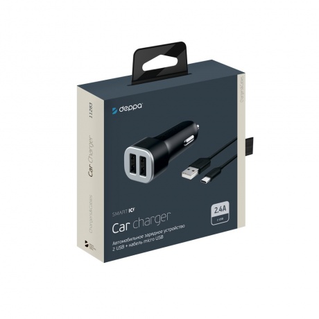 Автомобильное зарядное устройство Deppa 2 USB 2.4А + кабель micro USB черный 11283 - фото 2
