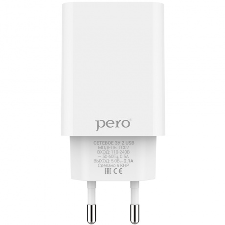 Сетевое зарядное устройство PERO TC02 2USB 2.1A белый - фото 1