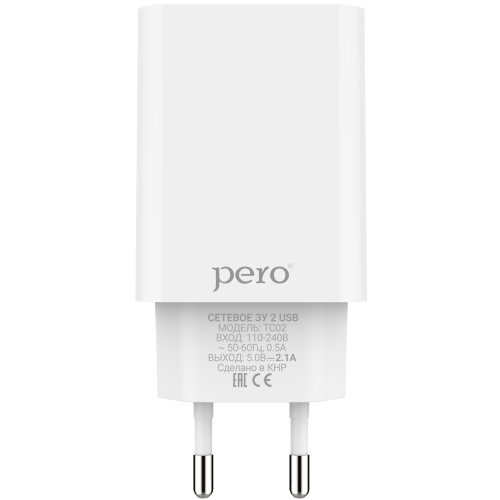 Сетевое зарядное устройство PERO TC02 2USB 2.1A белый цена и фото
