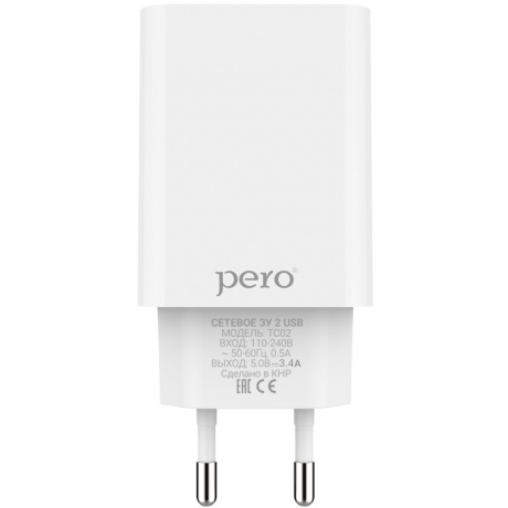 Сетевое зарядное устройство PERO TC02 2USB 3.4A белый - фото 1