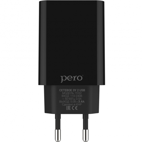 Сетевое зарядное устройство PERO TC02 2USB 3.4A черный - фото 1