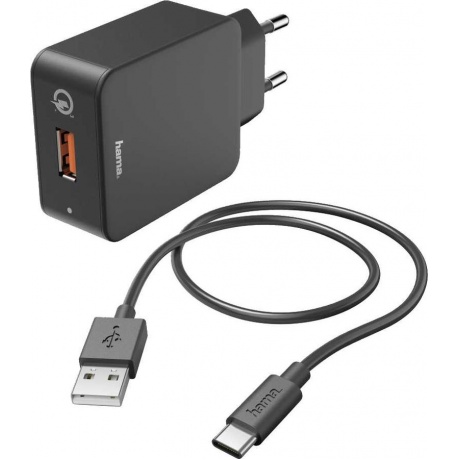 Сетевое зарядное устройство Hama H-183230 3A PD+QC кабель USB черный (00183230) - фото 1