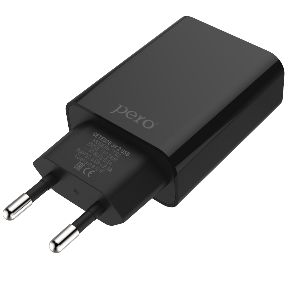Сетевое зарядное устройство PERO TC02 2USB 2.1A черный цена и фото