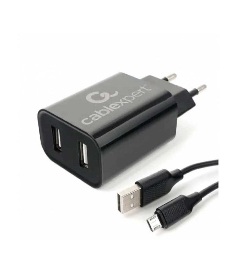 Сетевое зарядное устройство Cablexpert MP3A-PC-35 USB 2 порта, 2.4A, черный + кабель 1м micro сетевое з у dата кабель cablexpert mp3a pc 37 usb 2 порта 2 4a черный кабель 1м type c