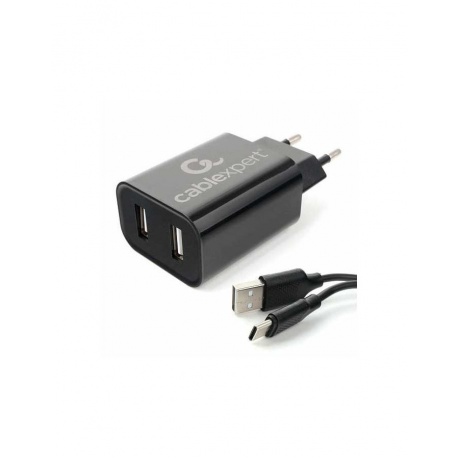 Сетевое зарядное устройство Cablexpert MP3A-PC-37 USB 2 порта, 2.4A, черный + кабель 1м Type-C - фото 1
