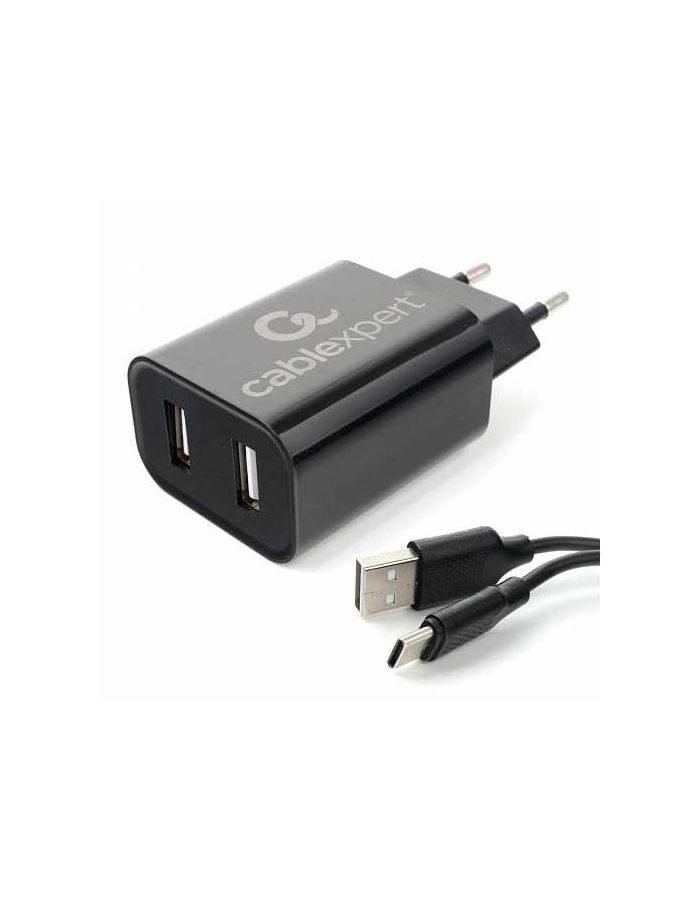 Сетевое зарядное устройство Cablexpert MP3A-PC-37 USB 2 порта, 2.4A, черный + кабель 1м Type-C сетевое з у dата кабель cablexpert mp3a pc 37 usb 2 порта 2 4a черный кабель 1м type c