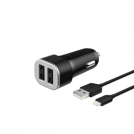 Автомобильное арядное устройство Deppa 2 USB 2.4А + кабель Lightning, MFI, черный - фото 1