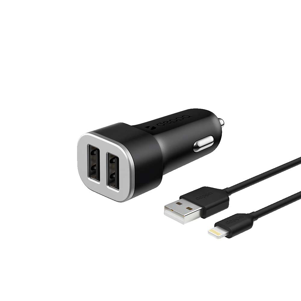 Автомобильное арядное устройство Deppa 2 USB 2.4А + кабель Lightning, MFI, черный